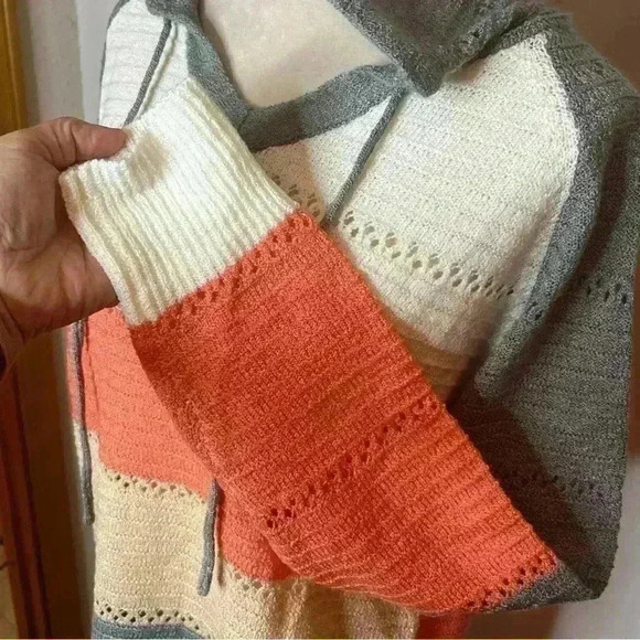 Crocheted Hooded Pullover Sweater Women Med/large Stripe Long Sleeve Cozy Casual - Picture 5 of 10